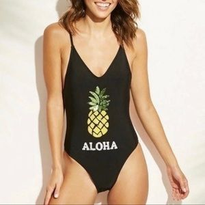 Tropical Black One Piece Swimsuit With Sequin Pineapple Detail